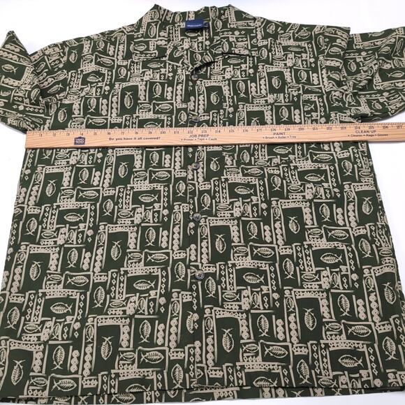 VTG SIDEOUT Button Up Shirt Mens Size XL Green Fish Geometric Print Short Sleeve - Picture 8 of 11